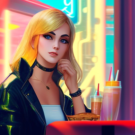 a closeup of a blonde girl with cat costume,cafeteria, cyberpunk